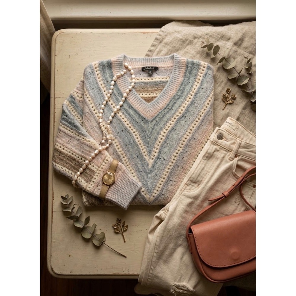 Charlie B Womens V-Neck Striped Pointelle Knit Sweater Blue Tan Large